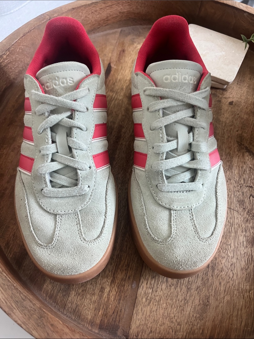 Adidas Women’s Beige Suede Sneakers with Pink Stripes